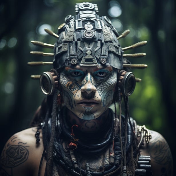 A resurrected ancient tribesman with futuristic adornment.