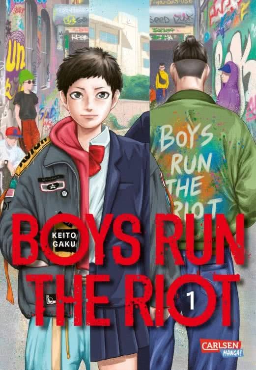 Titel-Cover des ersten Bandes von der deutschen Ausgabe des japanischen Mangas "Boys Run the Riot". In urbaner Graffiti-Umgebung sind die beiden Hauptfiguren von vorne bzw. hinten zu sehen. Die Figur links ist ein trans Junge, an dessen Körper eine Collage aus mehreren Kleidungen zu sehen ist: sein jugendlicher, männlich lesbarer Freizeit-Look und eine Schuluniform für Mädchen. (Bild: CARLSEN / Kodansha)