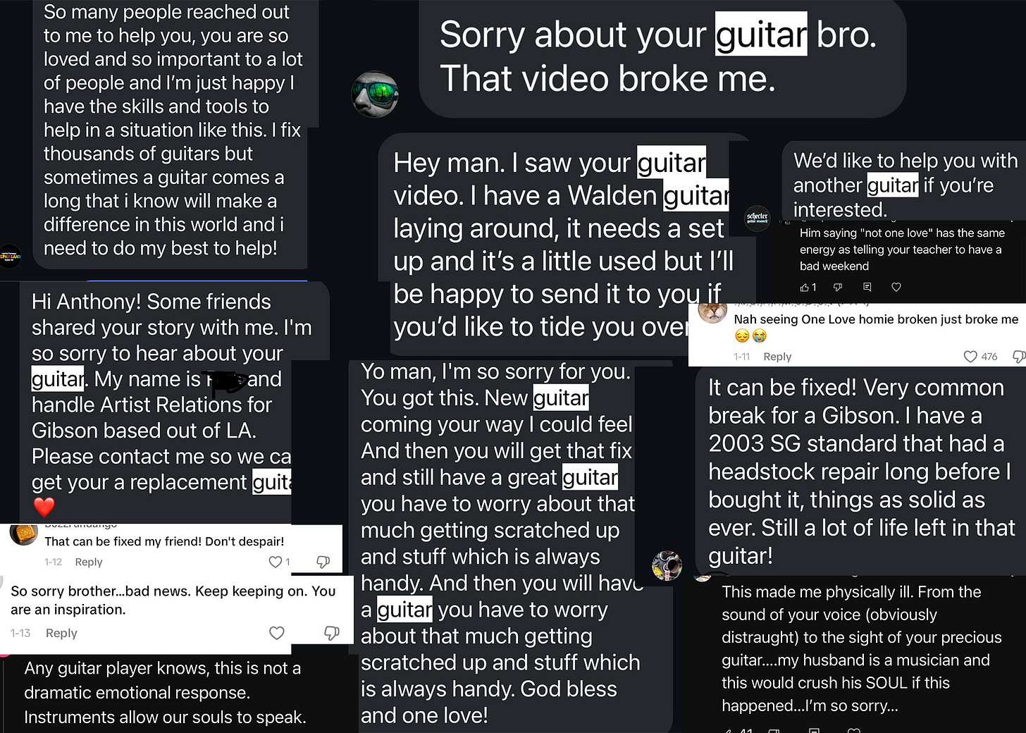 a mash up of tons of messages and comments anthony recieved when his guitar broke