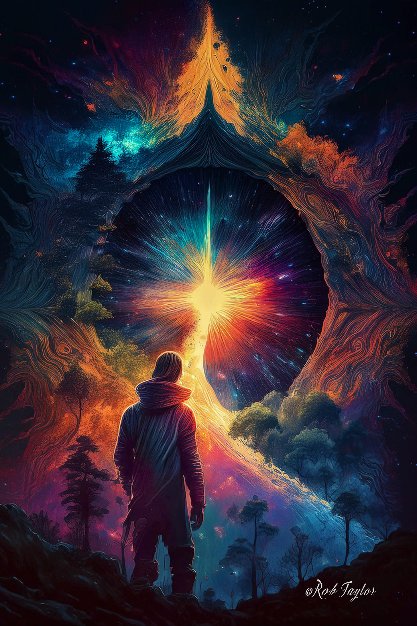 Digital illustration of a figure standing before a cosmic vortex radiating vibrant colors of orange, blue, and gold. The swirling portal reveals a luminous burst of light at its center, symbolizing expanded consciousness and transcending perceptual boundaries. Surrounded by surreal trees and celestial patterns, the scene evokes a journey of awakening and the dissolution of the brain barrier.