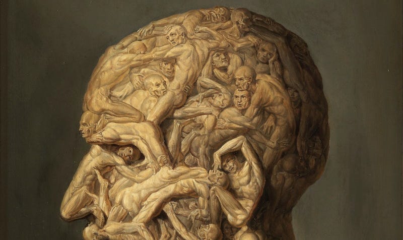 detail of an oil painting by F. Balbi depicting a human head made of smaller posing human figures