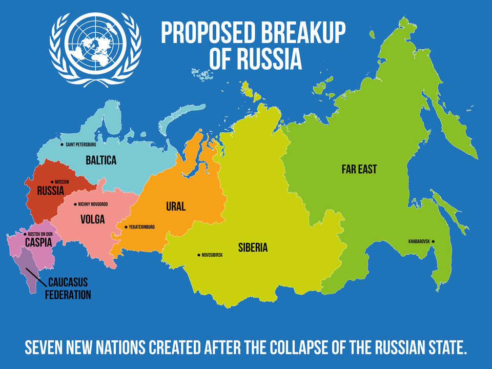 r/MapPorn - Proposed map of the breakup of Russia into the previously established federal districts after the use of nuclear weapons and ultimate collapse of the Russian state.