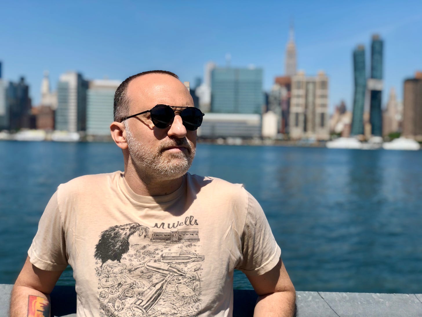Dan Saltzstein is a middle-aged man with short gray hair and beard. He stares off into the distance behind a pair of sunglasses with the New York City skyline blurred behind him. 