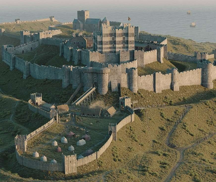 A reconstruction drawing of Dover Castle on the eve of the siege in 1216. The barbican is in the foreground, with the main (north) gate beyond A reconstruction drawing of Dover Castle on the eve of the siege in 1216. The barbican is in the foreground, with the main (north) gate beyond