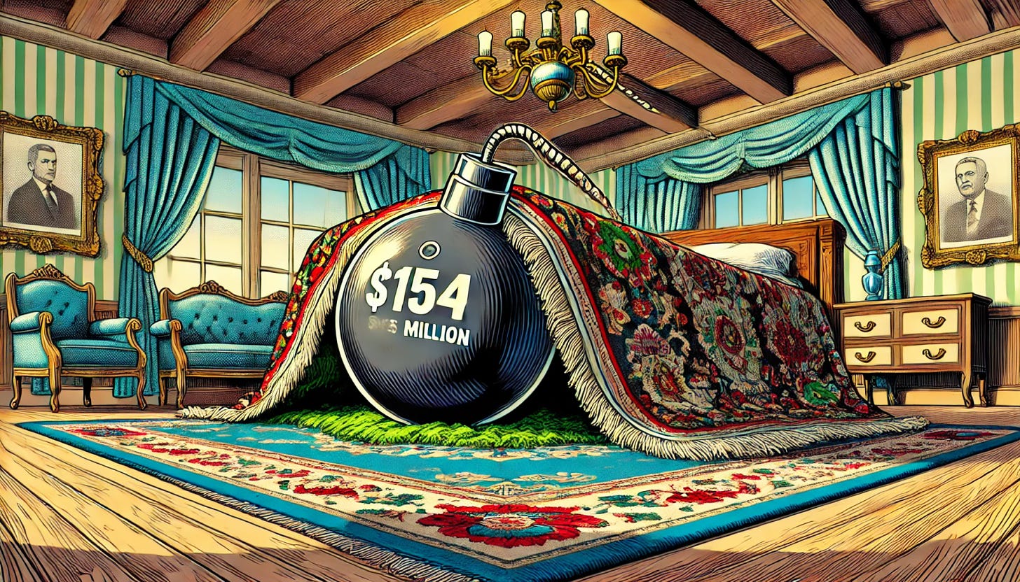 A detailed pop-art style illustration depicting a metaphorical concept of a financial 'bomb' hidden under a carpet. The scene should include a stylized representation of a large, old-fashioned bomb with a price tag of $154 million, partially concealed under a lush, ornate carpet in a luxurious room, hinting at corporate or financial secrecy. The overall tone is dramatic and vibrant, fitting the pop-art aesthetic, with exaggerated features and bold colors to emphasize the hidden danger and the high stakes involved. The image should be in a rectangular horizontal format, resembling a wide cinematic view.