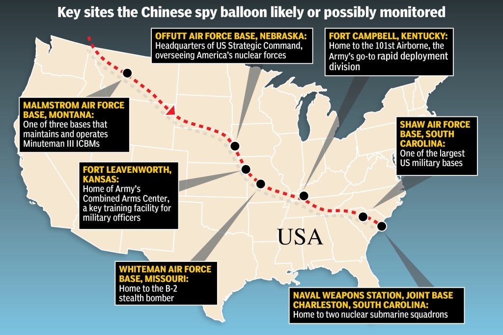 The Chinese spy balloon that floated over the US in February likely collected intelligence from several military sites.