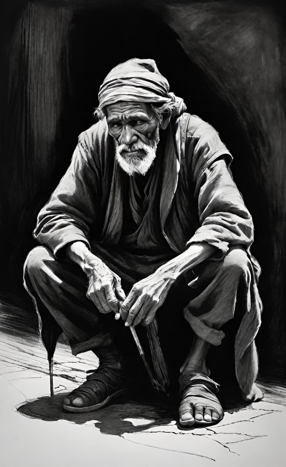 Sketch drawing of a poor beggar