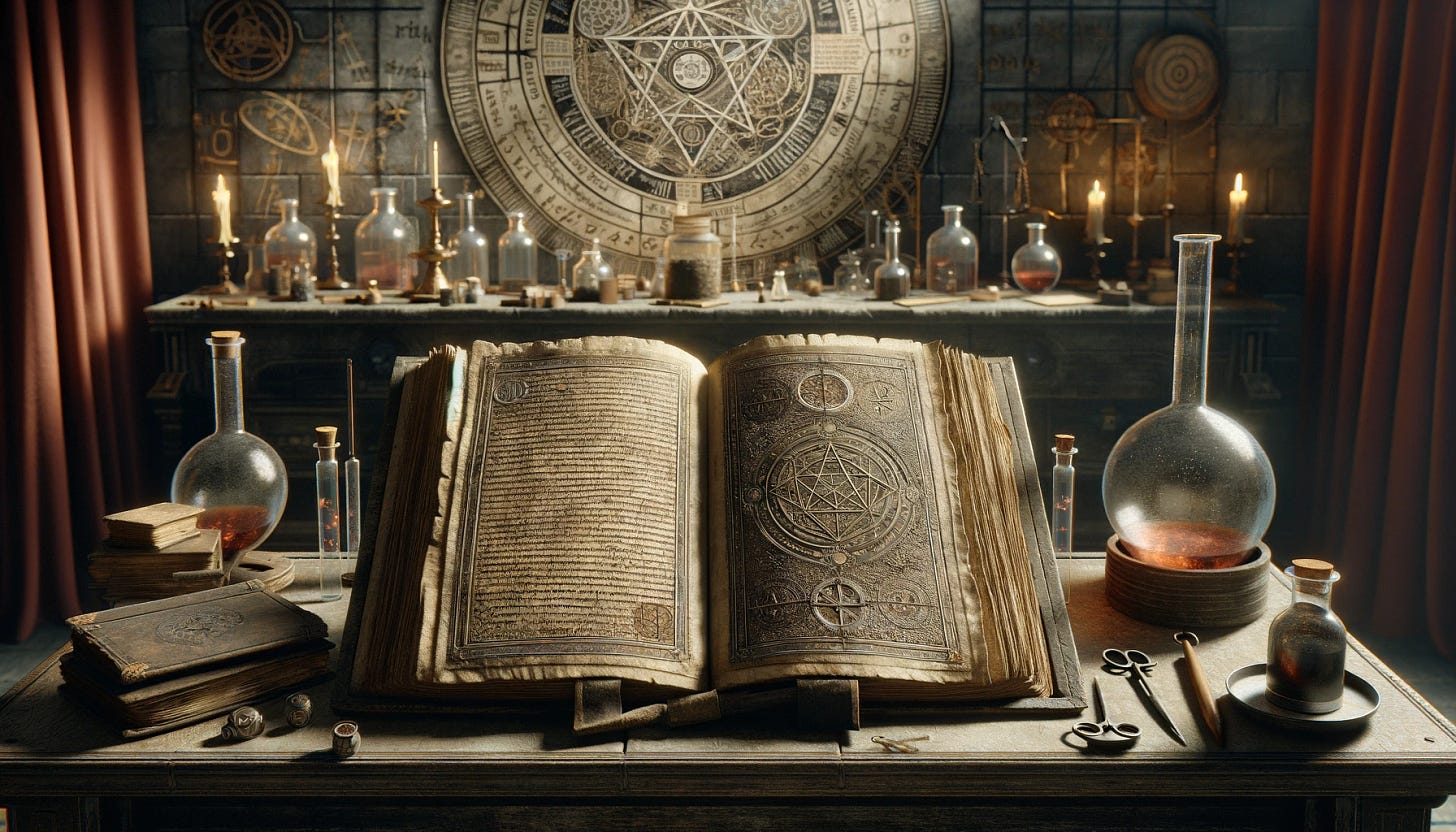 An ancient, well-worn book open on a lectern in an alchemist's laboratory, in landscape orientation. The book has numerous pages filled with detailed alchemical symbols and writings. Around the book, the laboratory is equipped with various alchemical tools, glass bottles, and mystical ingredients. The scene captures a sense of medieval enchantment and the pursuit of knowledge, illuminated by a soft, candle-lit atmosphere.