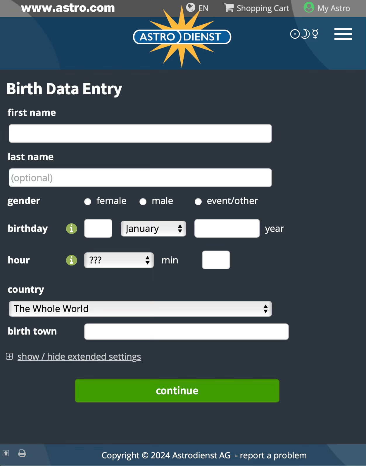view of the page where you will enter your birth information on astro.com