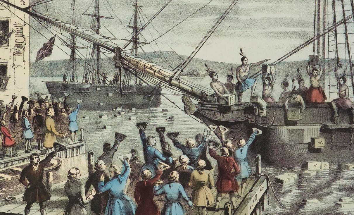 Crates are thrown in the harbor during the Boston Tea Party