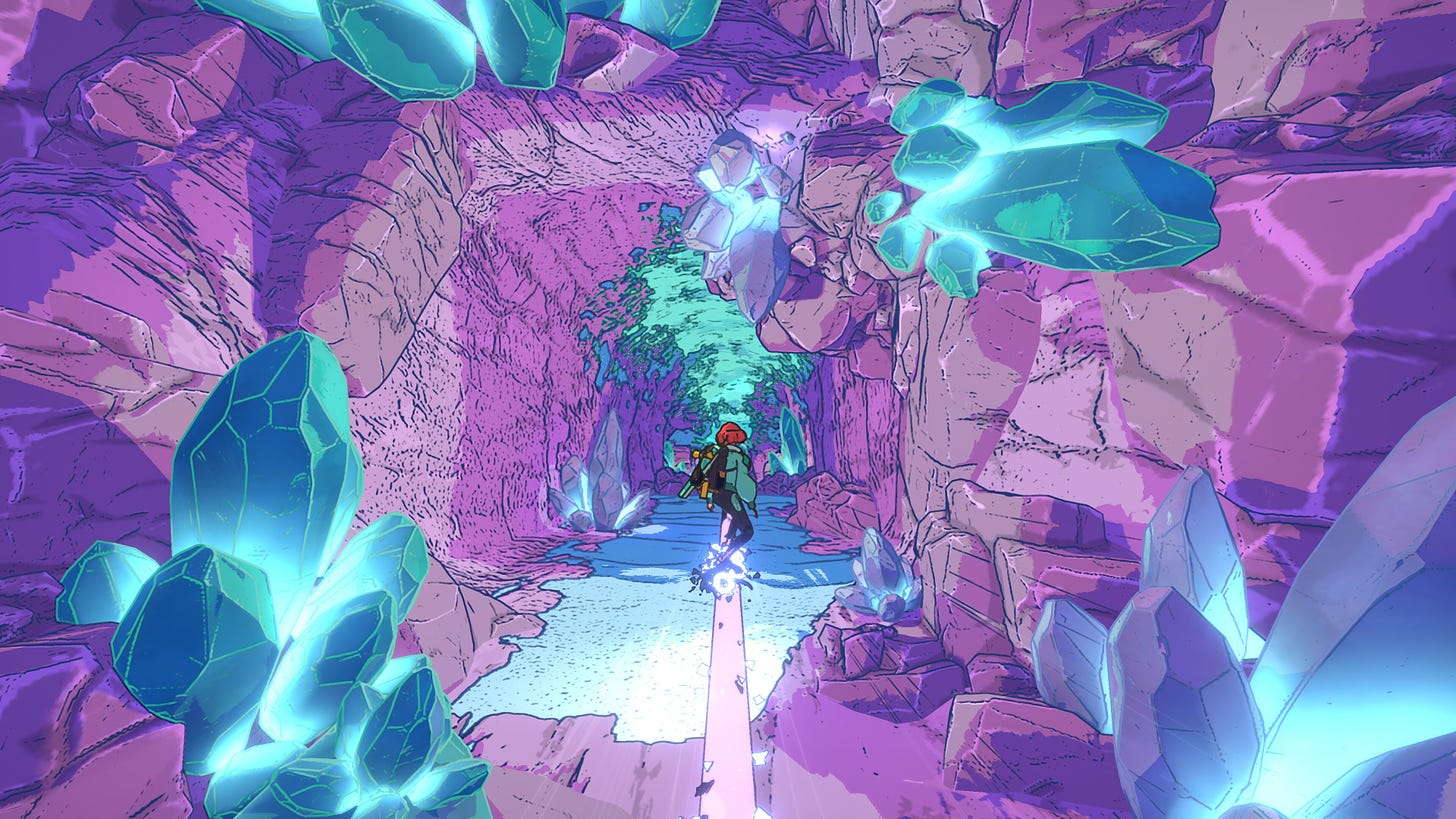 Video game screenshot of a woman seemingly skateboarding through a cave filled with crystals