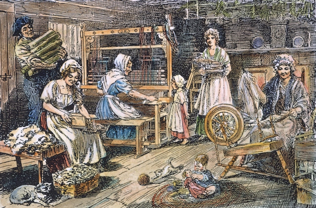 Colonial Cloth Makers. /Ncarding, Spinning, And Weaving Woolen Cloth In An  18Th Century American Household. Drawing, 19Th Century. Poster Print by  Granger Collection - Item # VARGRC0007411 - Posterazzi