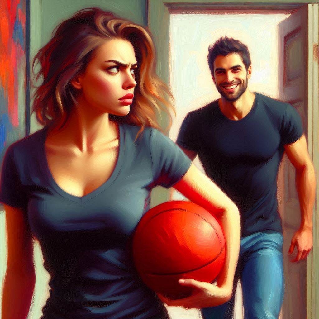 A pretty woman marches angrily out of a room while carrying a red ball in her arms, glaring back at a smiling handsome man wearing a black t-shirt. Impressionist-style.