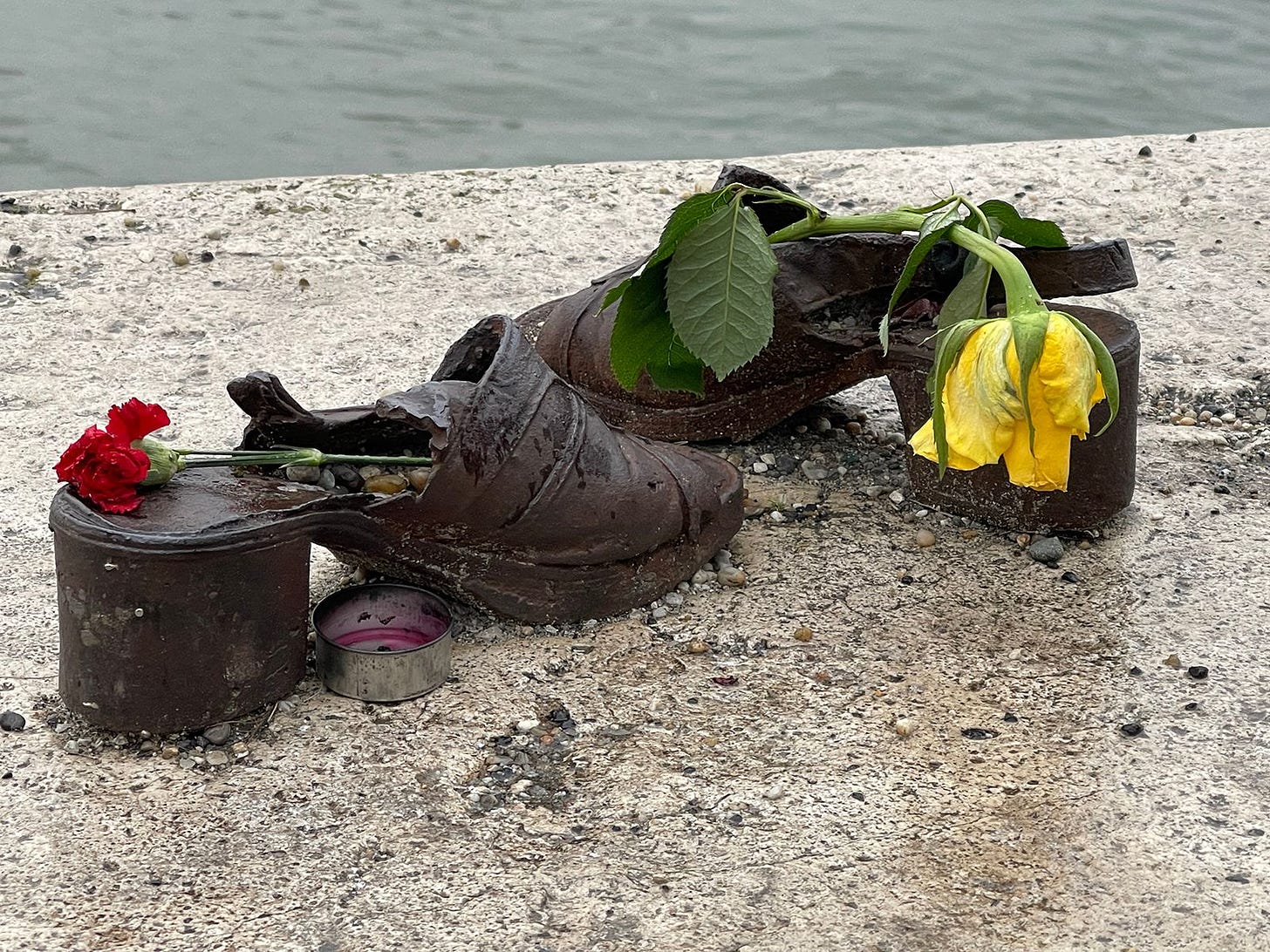 Bronze shoes on the Danube River bank to memorialize the victims who died at the hands of Arrow Cross fascists. (Photo by Vivian Bercovici)