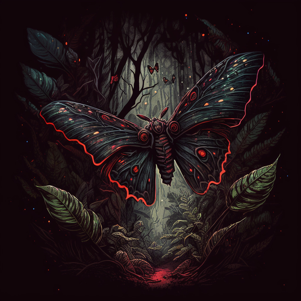 A scary moth flies through the jungle.