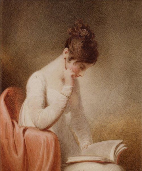 Painting of a regency woman hunched over in a chair to read a book she has placed on her lap. 