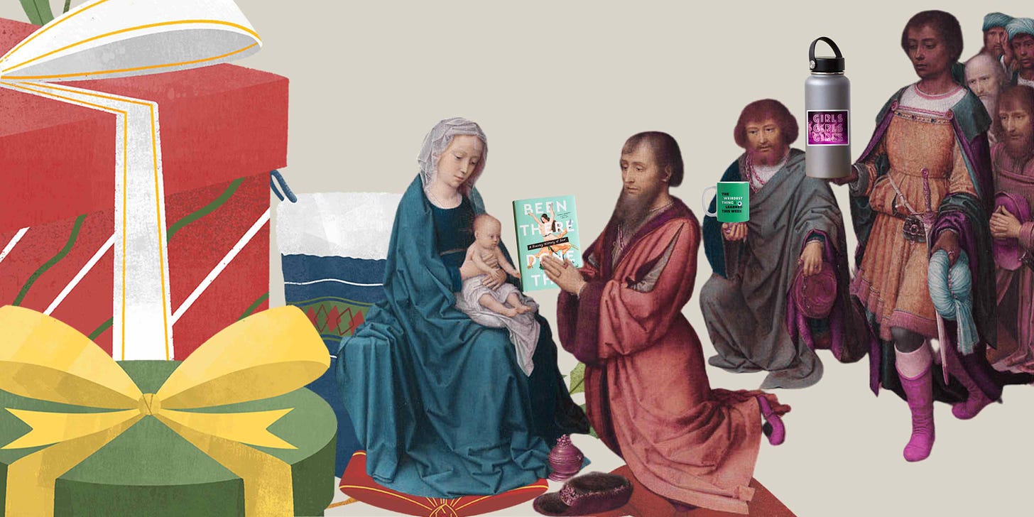 Ok I'm so sorry but here is what this image shows: It's a photoshopped painting of the three wise men and they're holding my book, a water bottle with a sticker I designed on it, and a weirdest thing coffee mug