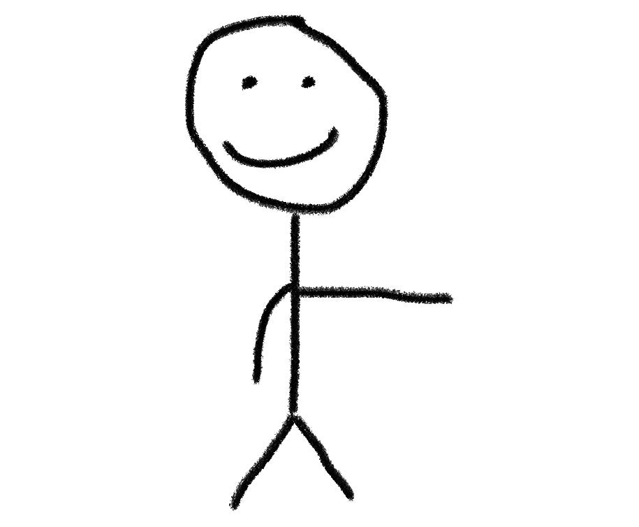 A smiling stick figure with one arm outstretched.