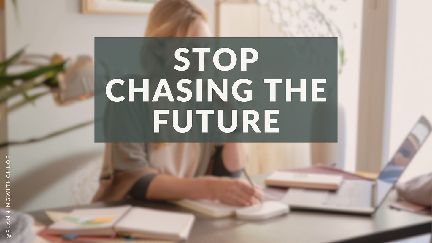 Stop chasing the future (Img: female with blonde hair, sat at her desk with her laptop and journal, her room looks light, calm and peaceful