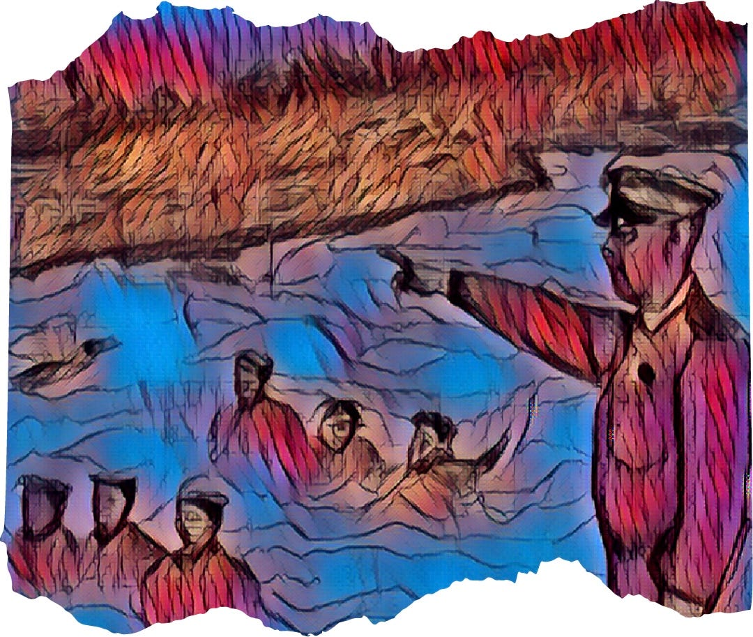 Colorful illustration of officer pointing directions to soldier mired waist-deep in river