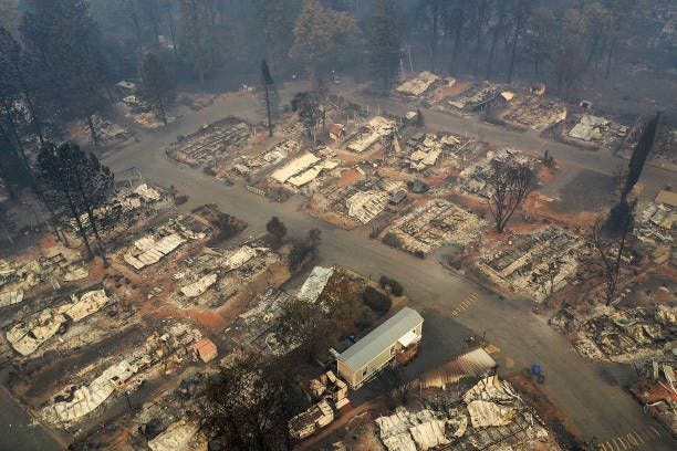 An aerial view of a neighborhood destroyed by the Camp Fire on November 15, 2018 in Paradise, California. Fueled by high winds and low humidity the...