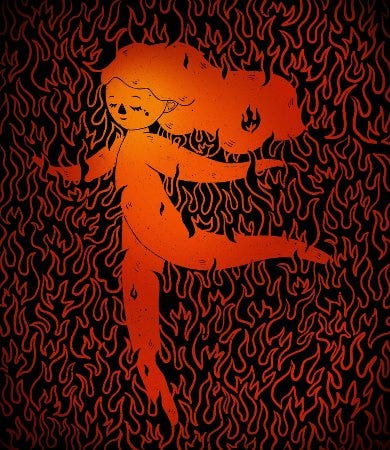Dessin d'une jeune fille bondissante au milieu de flammes stylisées