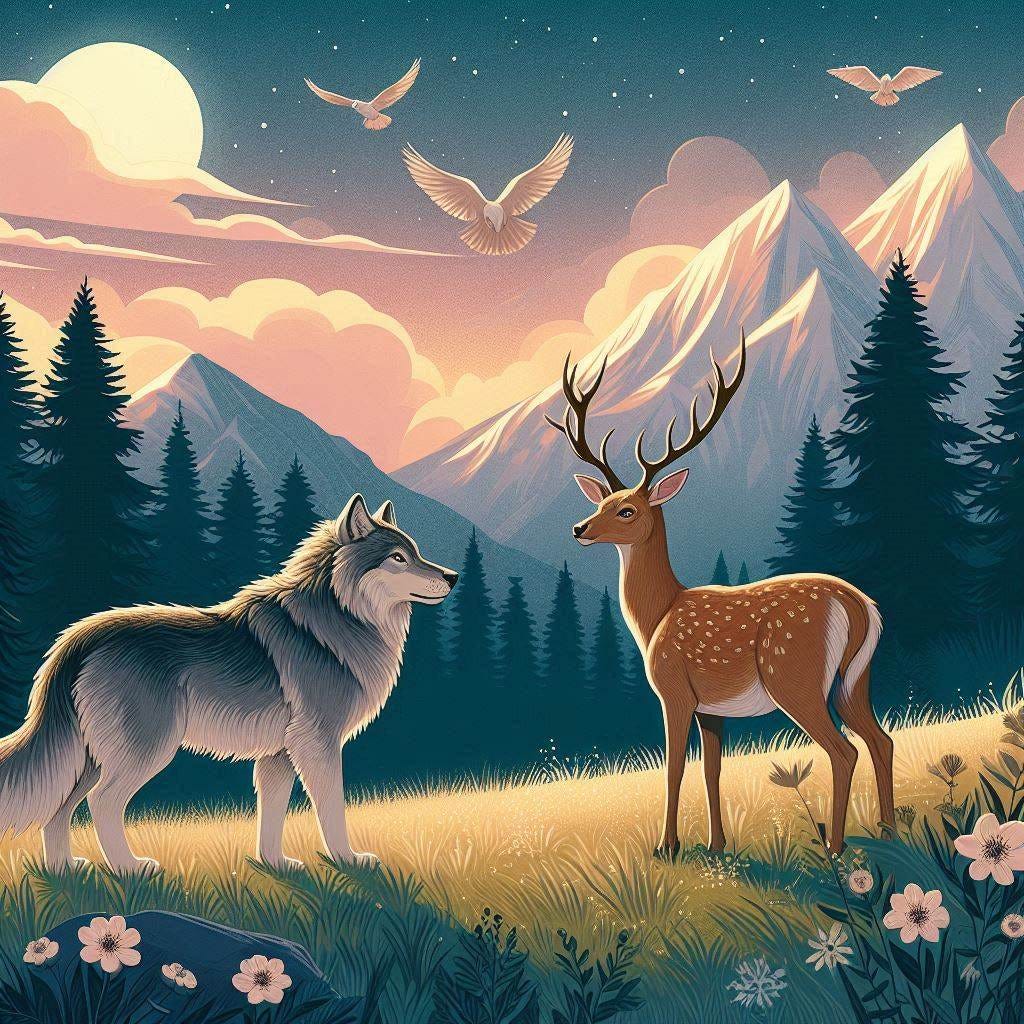 Illustration of a wolf and a deer standing in a meadow.