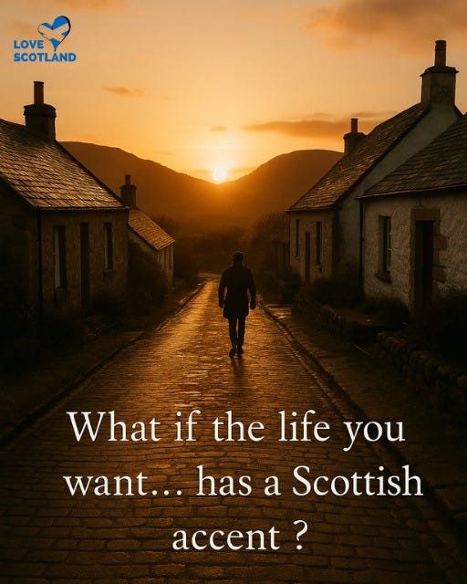 May be an image of 1 person and text that says "LOVE SCOTLAND What if the life you want... has a Scottish accent? accent"