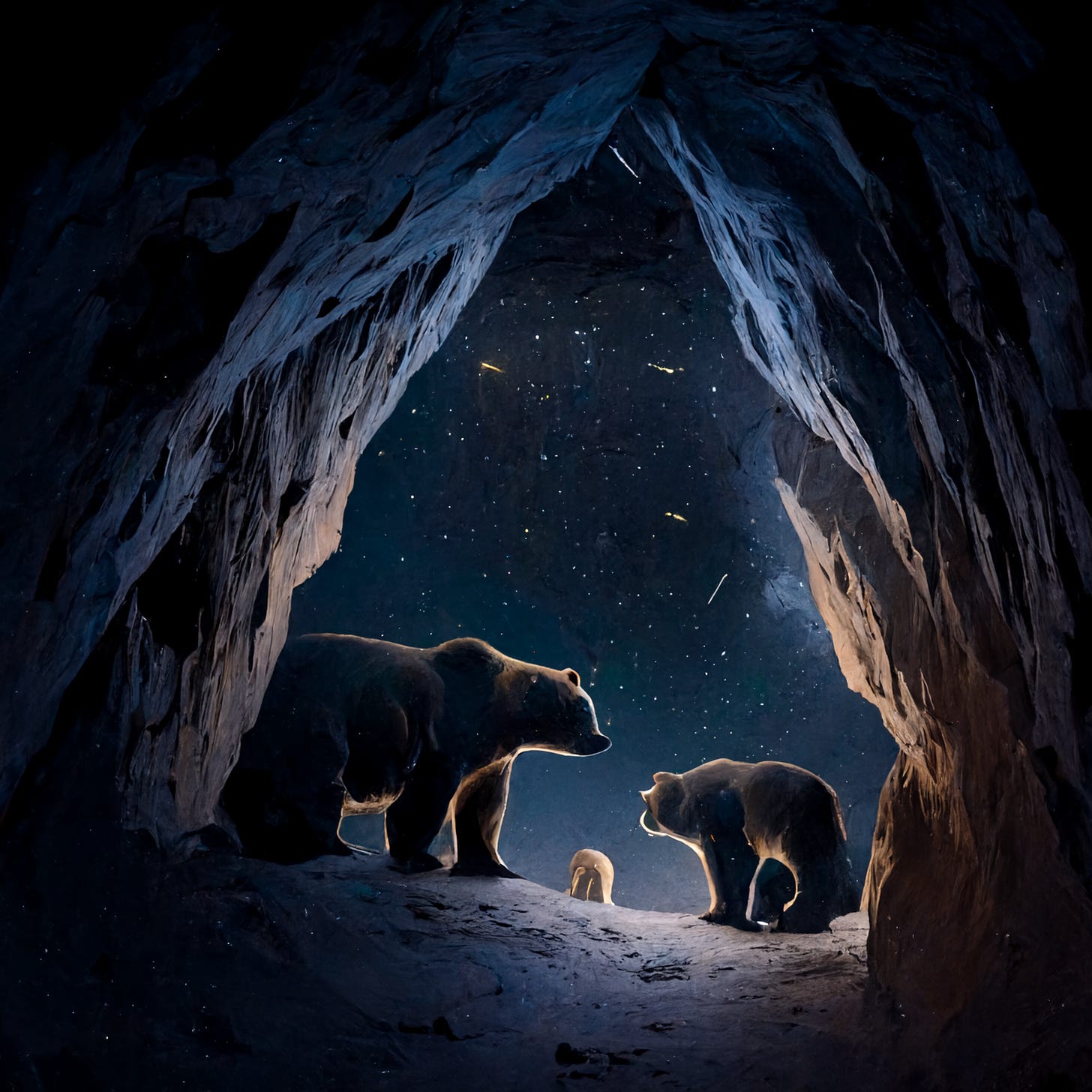 bears emerging from a cave into a starry night