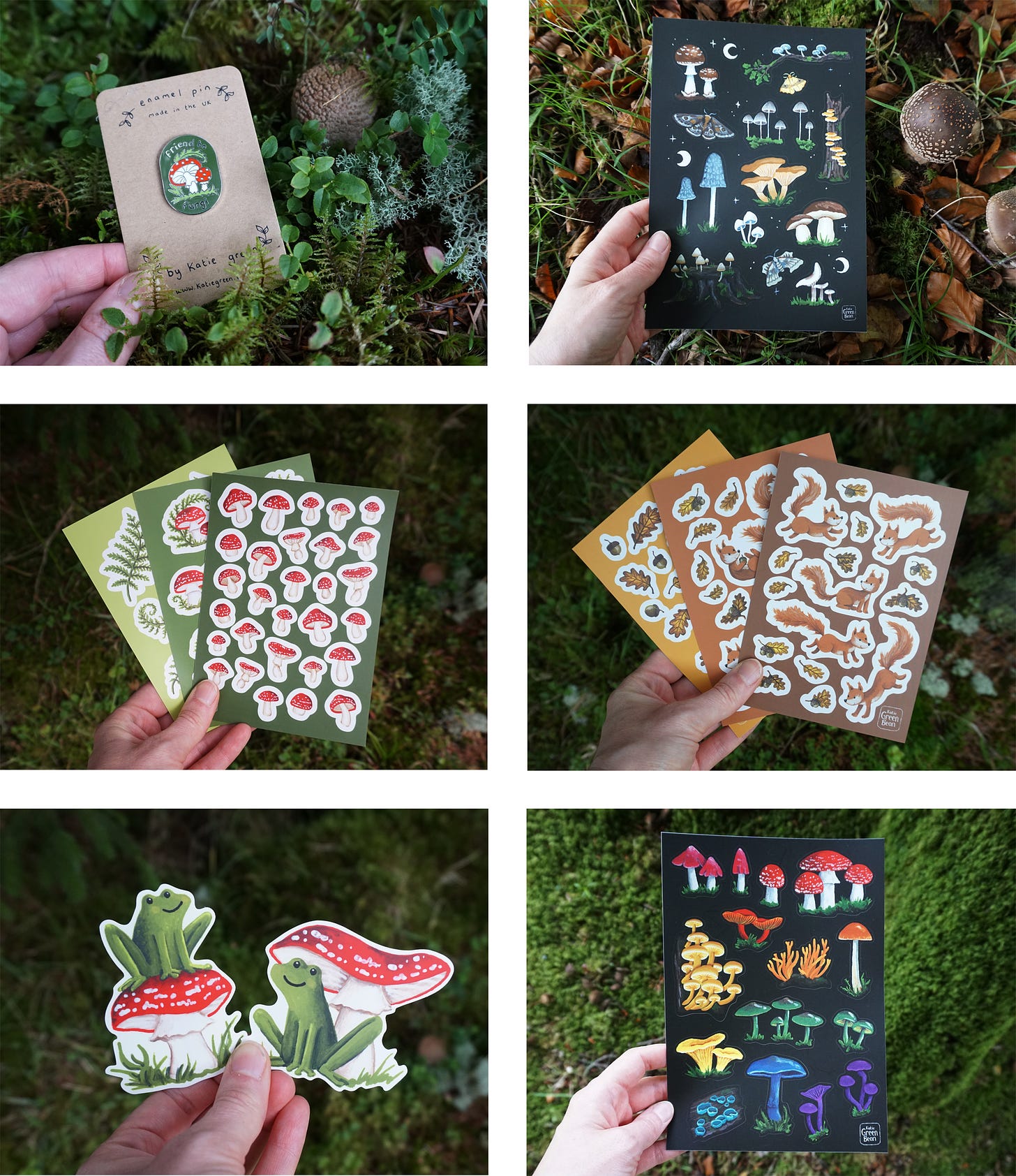 A selection of photos of mushroom-themed illustrated stickers and pins from my shop