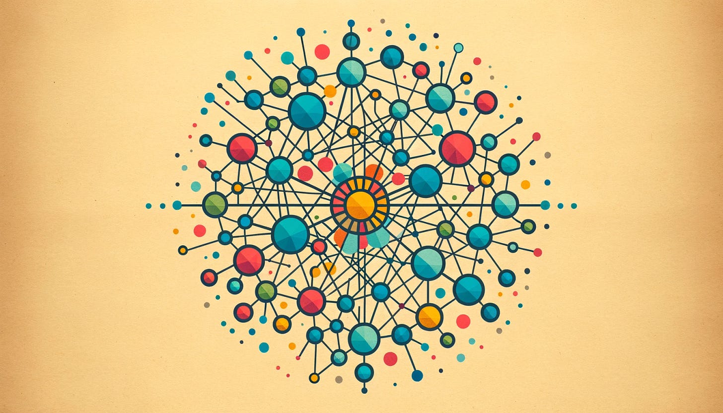 A visual metaphor of a vibrant, interconnected web of nodes and edges, representing the enterprise holograph as a unifying force that brings together diverse pieces of information.
