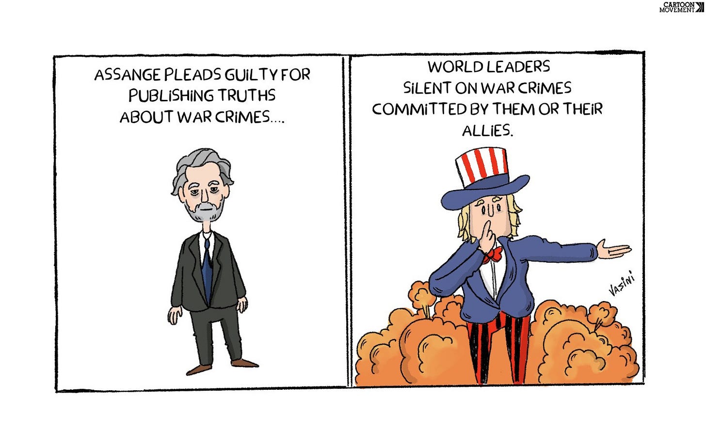 Cartoon with two panels. The first panel shows Julian Assange standing with the text 'Assange pleads guilty for publishing truths about war crimes...' The second panel shows Uncle Sam with his index finger in front of his mouth and the text 'world leaders silent on war crimes committed by them or their allies.