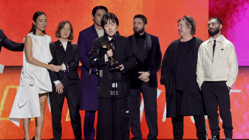 SANTA MONICA, CALIFORNIA - FEBRUARY 25: Celine Song (C) and cast and crew of “Past Lives” accept the Best Feature award onstage during the 2024 Film Independent Spirit Awards on February 25, 2024 in Santa Monica, California. (Photo by Kevin Winter/Getty Images)