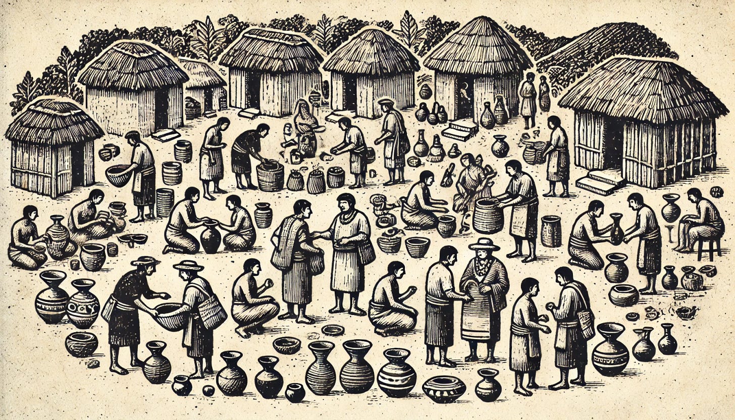 A rustic, black and white drawing of indigenous communities bartering with each other. The scene features men and women exchanging goods like pottery, textiles, and food items in an open area, surrounded by simple dwellings or natural elements like trees and mountains. The style is simple and hand-drawn, with basic line work and no shading, resembling a casual sketch. The composition includes various individuals interacting in a peaceful and communal manner, conveying a sense of traditional trade. The drawing is on slightly textured, off-white paper, adding a sense of authenticity and a rustic feel.