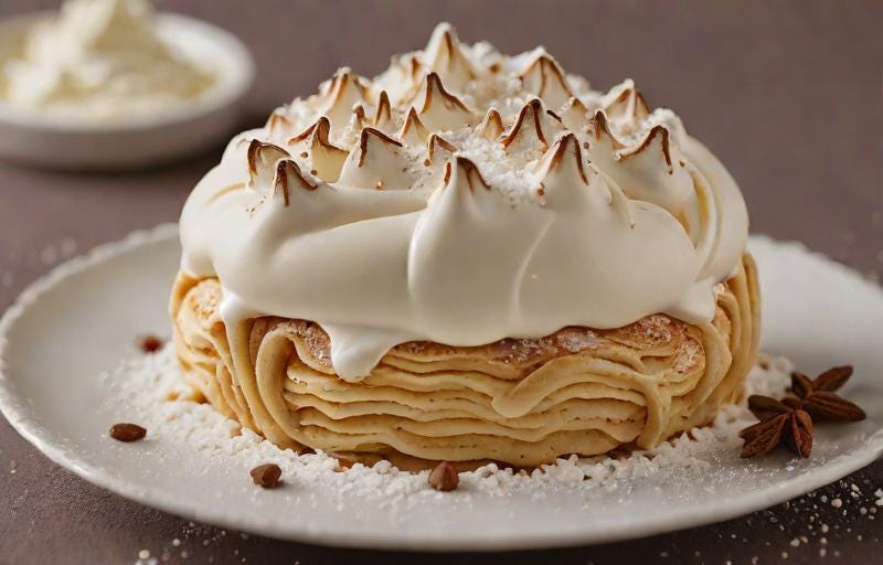 An AI generated image of piped chestnut cream with whipped cream peaks.