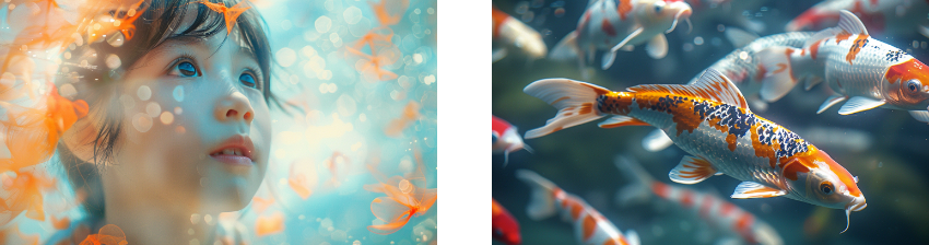 A combined image blends two captivating scenes. On the left, a child's face is illuminated with wonder as they gaze upwards, surrounded by swirling orange fish in soft-focus bubbles. The glowing underwater ambiance creates a dreamy and ethereal feel. On the right, a school of koi fish glides gracefully through clear water, their vibrant patterns of orange, white, and black catching the light. Together, these scenes evoke a sense of curiosity and fascination with the underwater world.