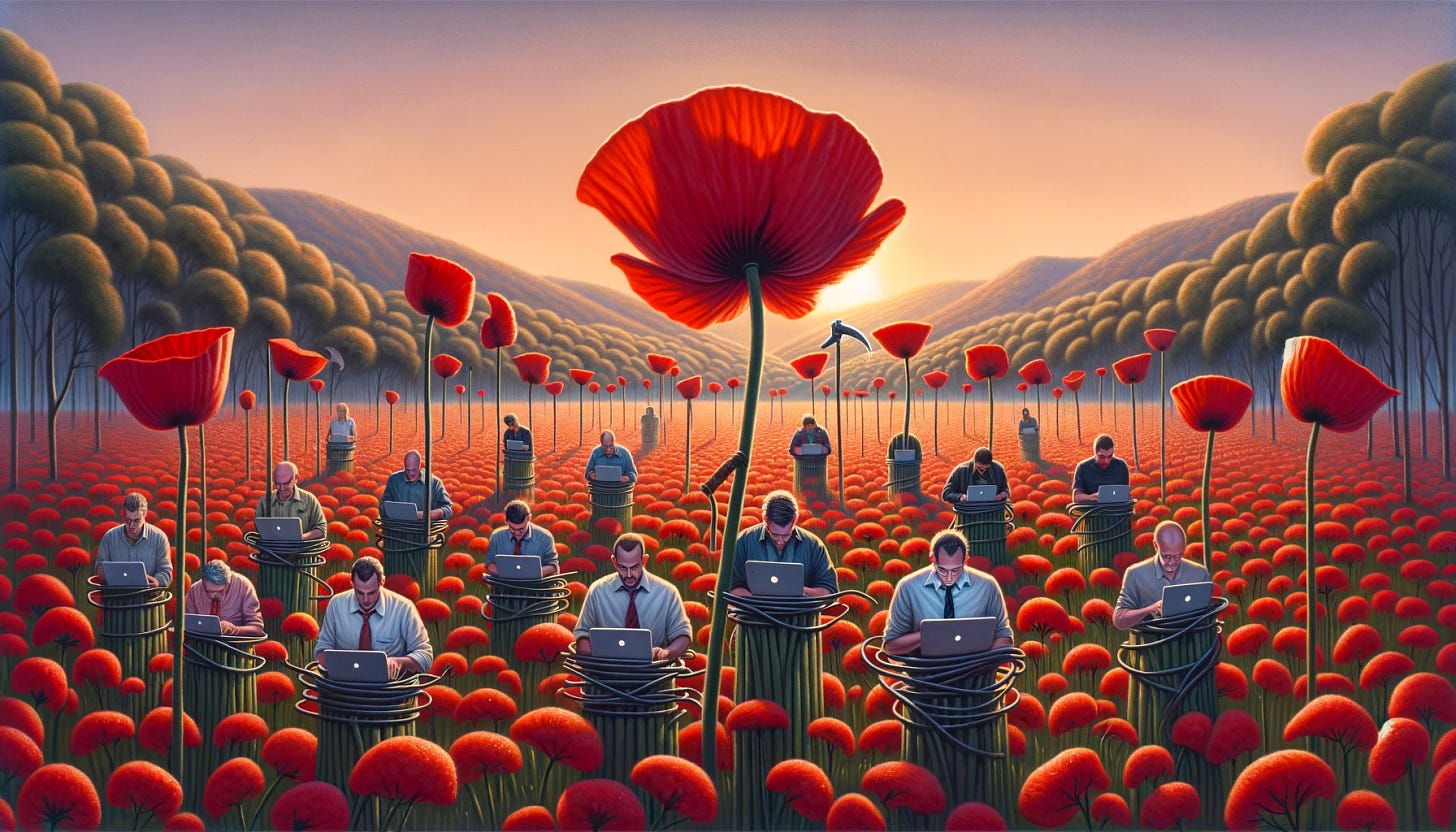 In a serene Australian landscape, reminiscent of the outskirts of Canberra, tall, vibrant poppies are growing, symbolizing individuals who have achieved success or public acclaim. Among these poppies, subtly caricatured figures of 'keyboard warriors' are interspersed. These individuals are hunched over laptops or smartphones, wielding their devices as scythes or shears, cutting down the taller poppies. These figures represent faceless critics on social media and online platforms targeting successful individuals. The scene is a poignant digital art piece that critiques the societal tendency to diminish those who excel, highlighting the emotional impact of this phenomenon in modern Australian society. The overall tone should convey the seriousness and critique of the tall poppy syndrome, particularly in the context of public figures and those in the spotlight.