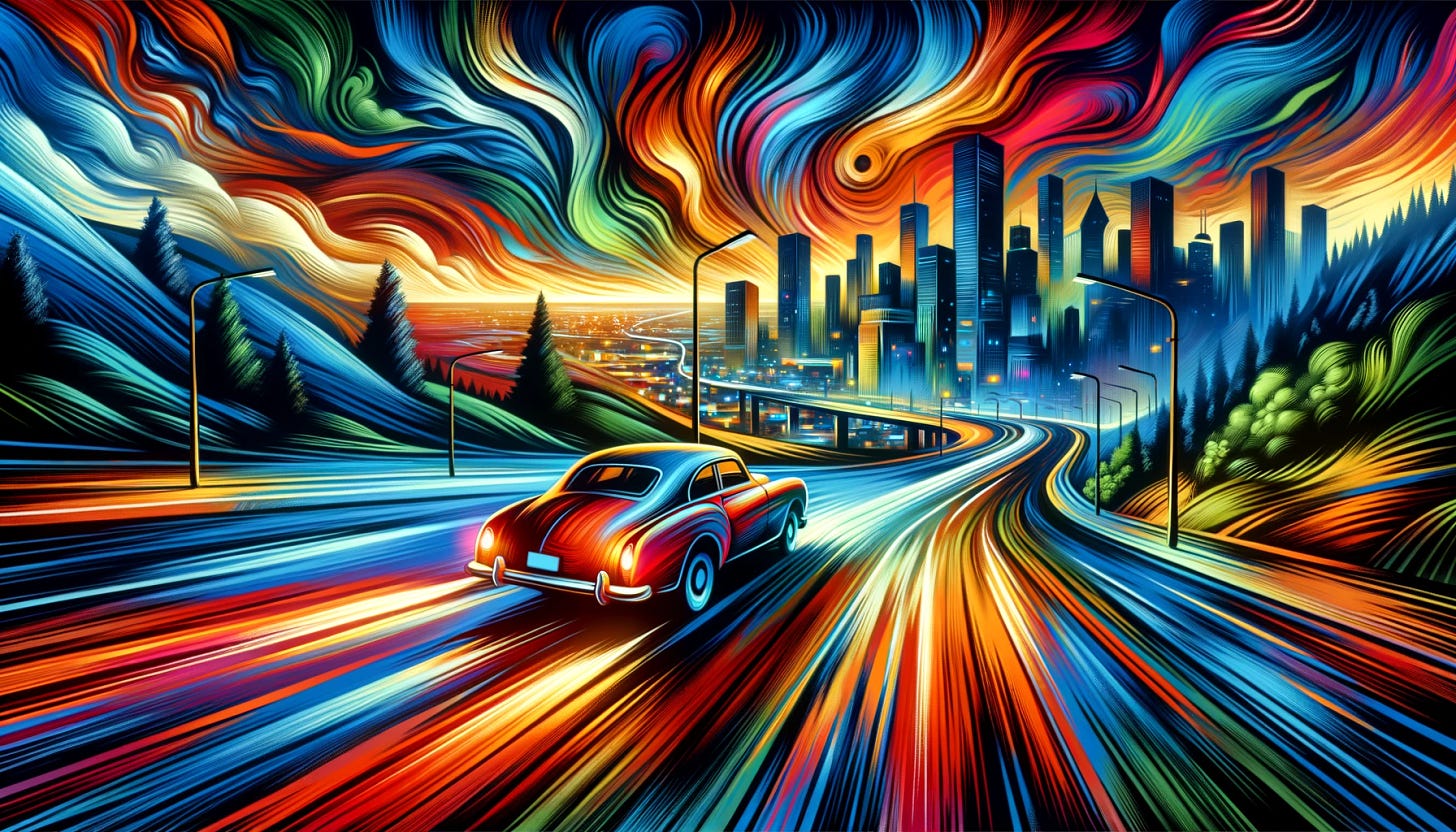Imagine an image in the style of Expressionism that captures a car traveling around the world. The artwork should convey the emotional intensity and dynamic movement characteristic of Expressionist art. The car, stylized and vibrant, streaks across diverse landscapes - from bustling city streets lit by neon lights to serene countryside roads winding through lush forests and towering mountains. The sky above changes from dawn to dusk, reflecting the journey's passage through time and space. Bold, exaggerated colors and distorted perspectives emphasize the car's movement and the emotional journey of traveling the globe, making the scene pulsate with energy and life.