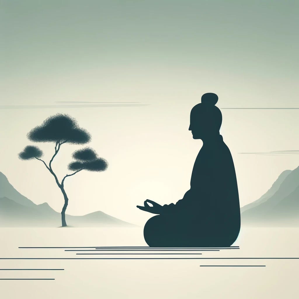 a person meditating in a natural scene with a tree and mountain