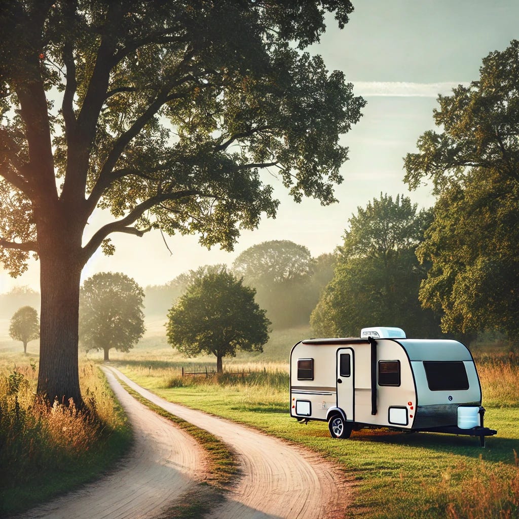 A small travel trailer parked in a peaceful rural setting with trees, grass, and a dirt road. The scene captures a quiet countryside atmosphere with warm sunlight and soft shadows. No signs or text are present in the image.