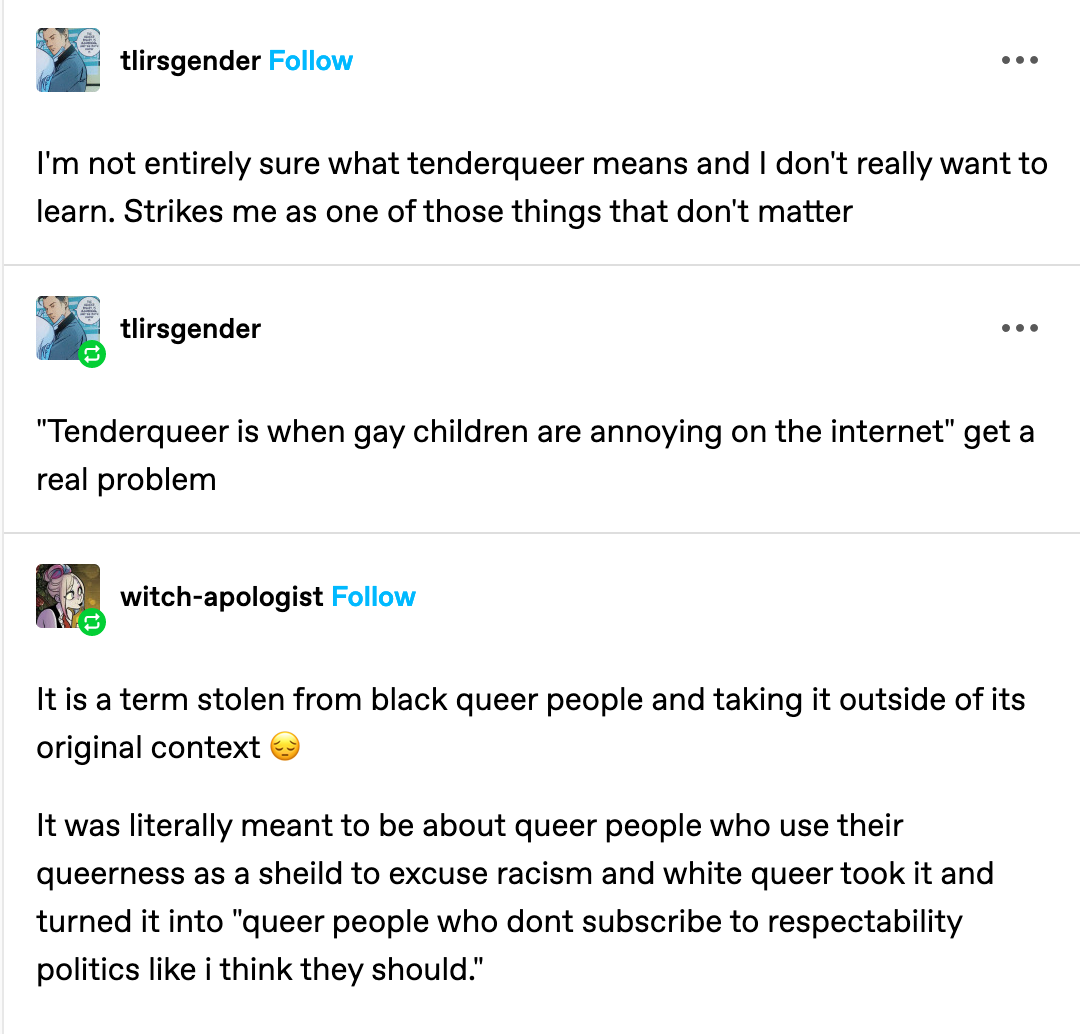 (from tumblr user tlirsgender) I'm not entirely sure what tenderqueer means and I don't really want to learn. Strikes me as one of those things that don't matter "Tenderqueer is when gay children are annoying on the internet" get a real problem (from tumblr user witchapologist) It is a term stolen from black queer people and taking it outside of its original context (sad face emoji) It was literally meant to be about queer people who use their queerness as a sheild to excuse racism and white queer took it and turned it into "queer people who dont subscribe to respectability politics like i think they should."