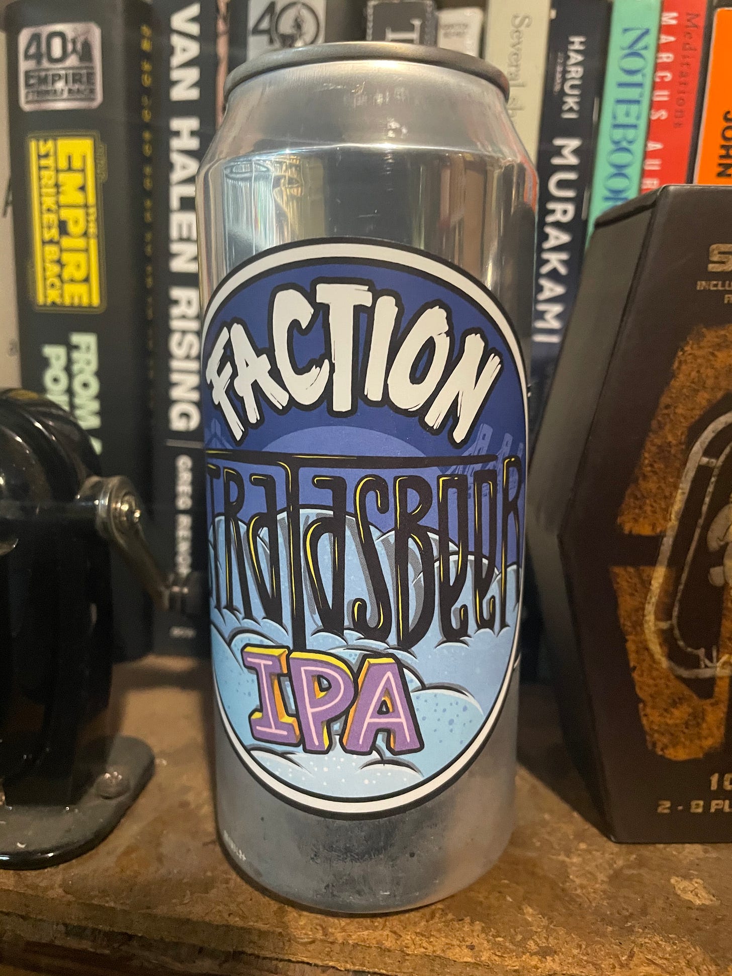 A can of Faction Brewing's "Stratasbeer" IPA