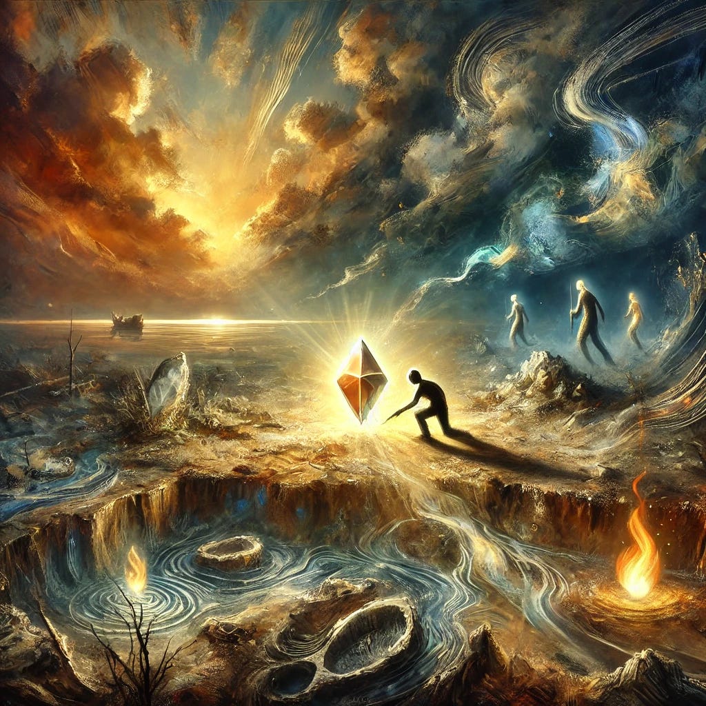 A modern, painterly digital artwork illustrating themes of excavation, transformation, and renewal. The scene depicts a lone figure digging into deep earth, unearthing a radiant jewel glowing with a golden light. The ground is layered with fossils, mud, and remnants of the past, symbolizing buried pain and struggle. In the background, dark storm clouds part, revealing a warm, hopeful sky. A receding flood is hinted at with abstract, swirling brushstrokes, and faint, ghostly figures of the past dissolve into the earth. Flames flicker near the jewel, symbolizing newfound power. The style is contemporary, blending abstract textures with surreal lighting effects, evoking a sense of triumph and transcendence.