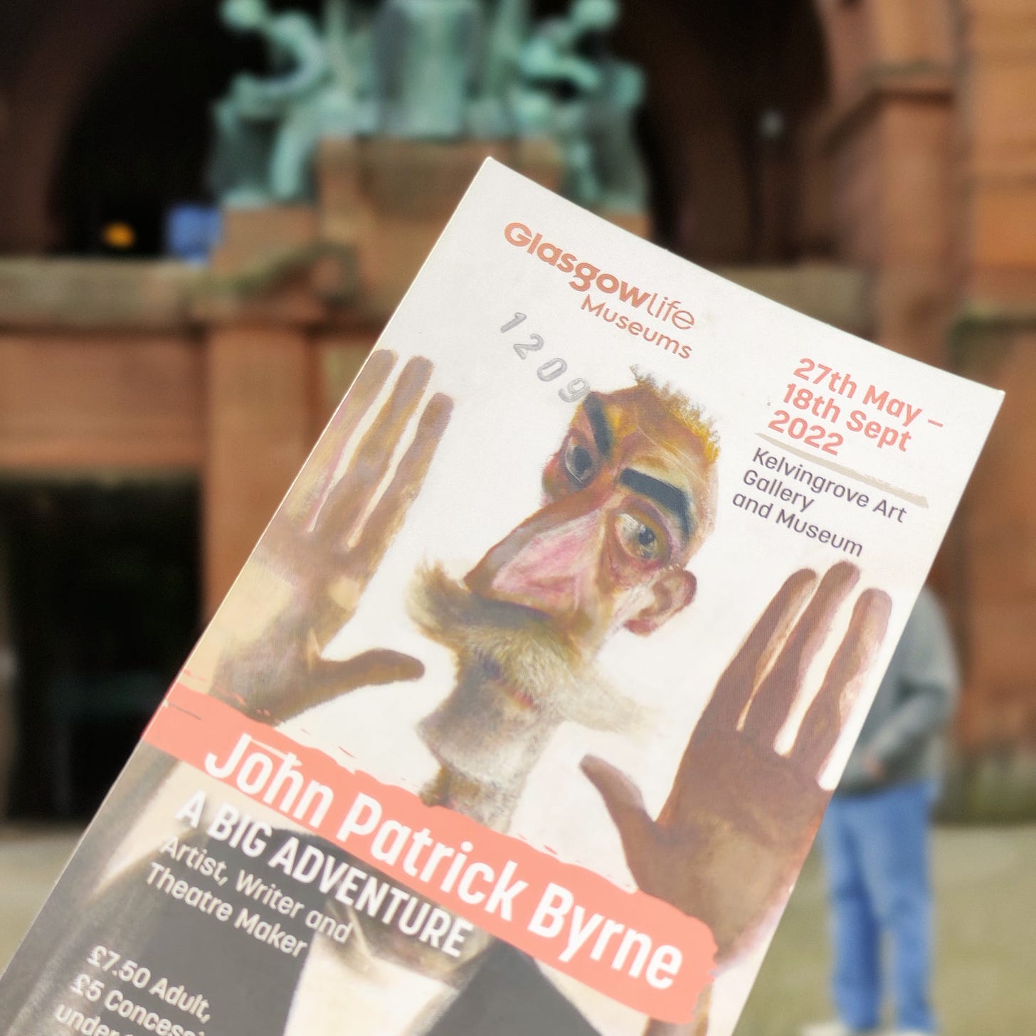 A ticket for the John Byrne retrospective taken in front of Glasgow's Kelvingrove Art Gallery and Museum