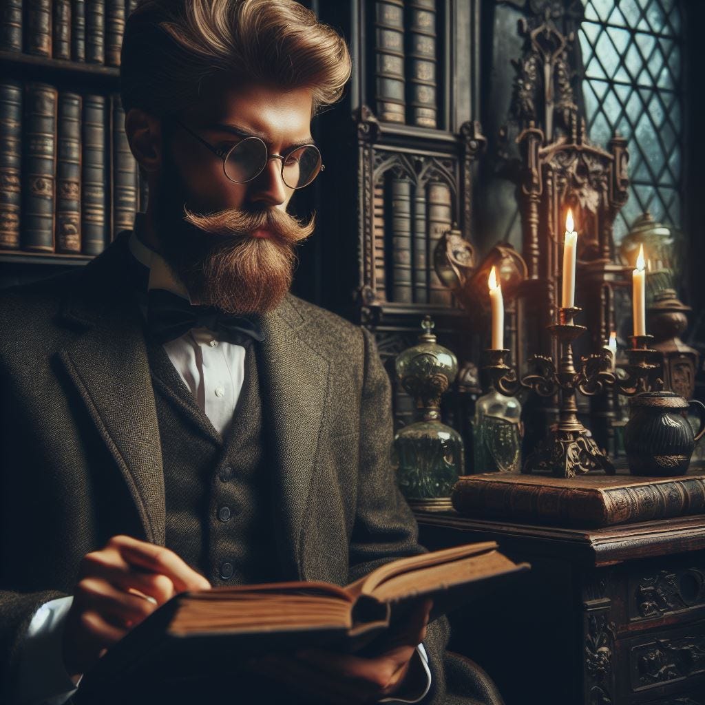 A bearded Victorian scientist reading in a Gothic library.