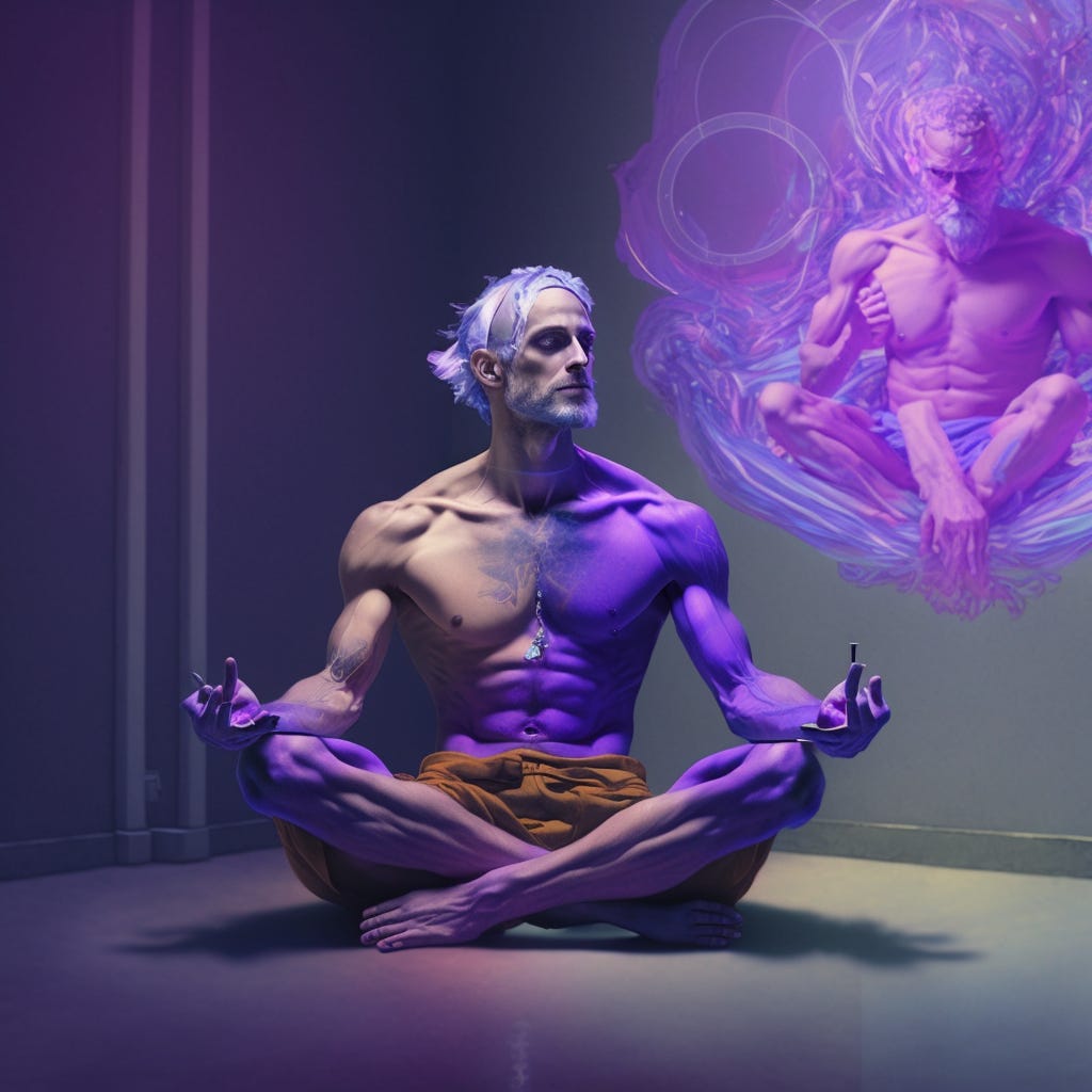 Seneca doing a Zen Meditation while thinking about NFTs in the metaverse, Ultrarealistic HD, Full body, Purple and all other colors combined