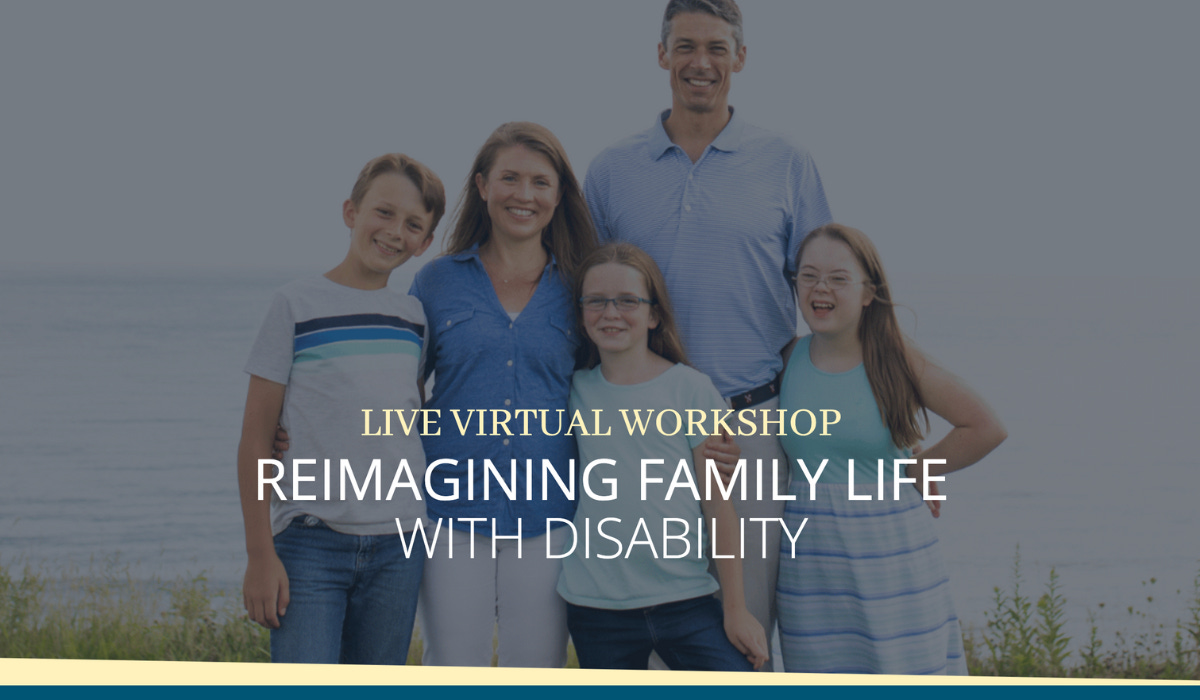 graphic with a photo of Amy Julia's family standing outside in front of marsh grasses and water behind them; Text overlay says: Live virtual workshop; reimagining family life with disability