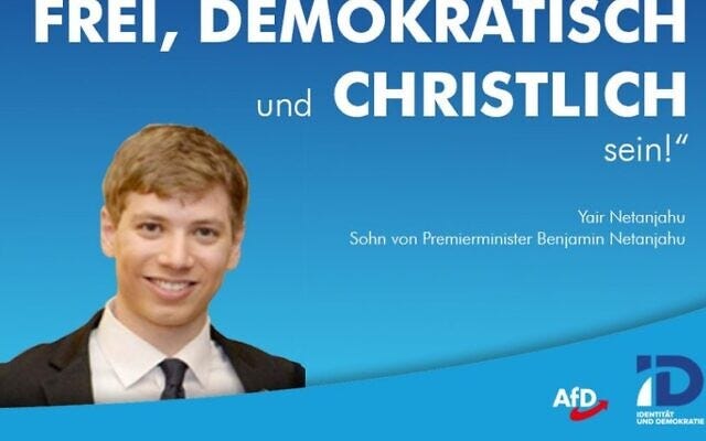 Part of a graphic made by a far-right German politician featuring Prime Minister Benjamin Netanyahu's son Yair and a quote from him calling for a Christian Europe (Screencapture/Twitter)