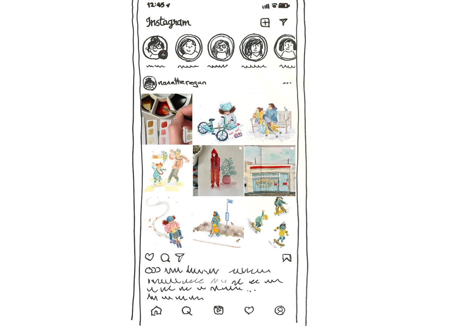 an ink illustration of instagram feed showing various paintings by Nanette Regan