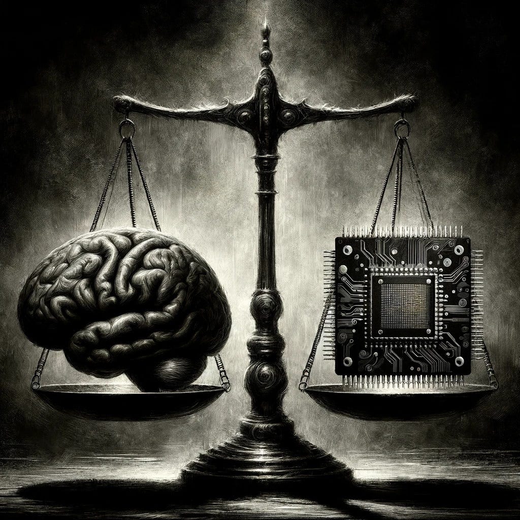 Here is the image depicting a high-contrast, tension-filled noir scene with balancing scales. On one side, there's an anatomically accurate brain, and on the other, a complex microchip, illustrating the equilibrium and underlying tension between organic and artificial intelligence. The style is dark, dramatic, and reminiscent of early 19th-century Romanticism.